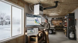Technical illustration showing proper side-wall venting for a residential propane garage heater installation.