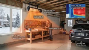 Safety clearance blueprint layout for installing an overhead infrared garage heater near doors.