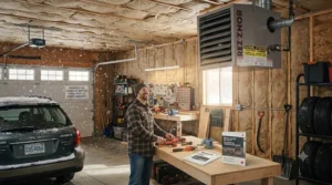 Homeowner performing seasonal maintenance and checking the filter on a forced air garage heater.