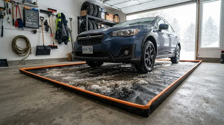 Heavy-duty salt containment mat protecting a garage floor from winter slush and road salt. salt containment mat review Canada