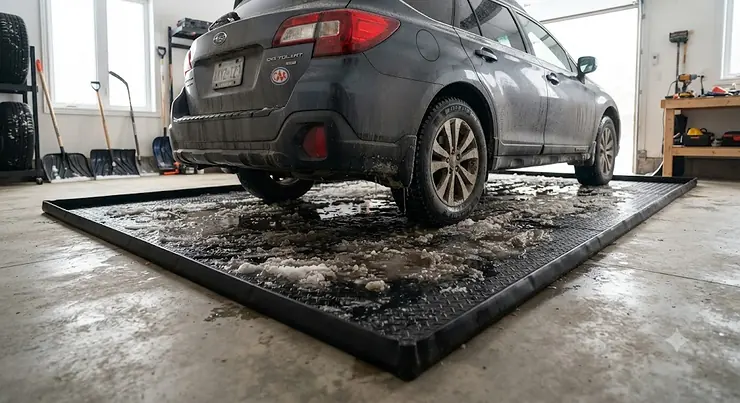 Salt trap garage mat protecting a vehicle floor from snow and road salt in Canada. salt trap garage mat Canada