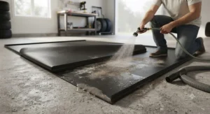 Easy cleaning of a salt trap garage mat using a vacuum or hose.