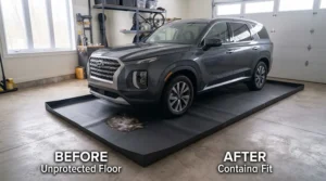 Large garage containment mat fitted perfectly for a modern SUV.