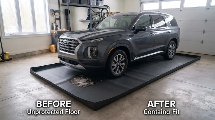 Large garage containment mat fitted perfectly for a modern SUV.