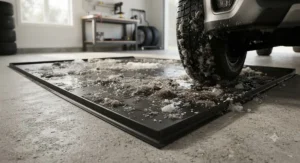 Close-up of a salt trap mat capturing slush, road salt, and melting snow from tires.