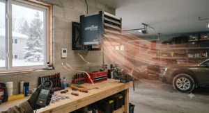 Step-by-step diagram showing how to securely install a wall mount garage heater on drywall or wood studs in a residential garage.
