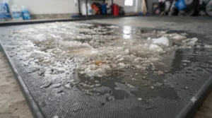 Durable mat material designed for Canadian winter, catching melting snow and ice.