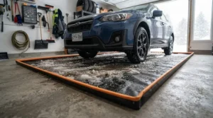 A vehicle parked on a waterproof containment mat, preventing slush from damaging the floor.