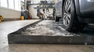 Close-up of a garage mat edge trapping melting snow and road salt.