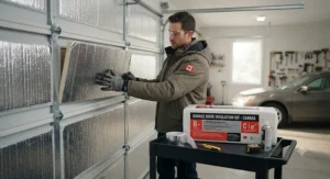 A technician applying reflective insulation panels to a garage door for improved thermal efficiency during Canadian winters.