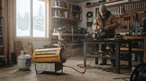 Ceiling-mounted electric space heater for workshop and garage installations across Canada.