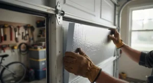 Close-up view of DIY garage insulation panels fitting securely into a sectional garage door frame for improved energy efficiency.