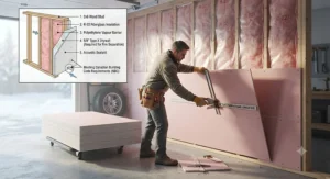Illustration of fire-rated drywall being installed over insulated garage walls to meet Canadian building codes.