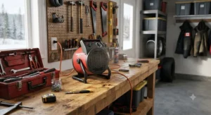 An electric portable garage heater safely plugged in and warming a two-car home garage.