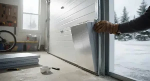 Applying foam-backed insulation material to a residential garage door to provide thermal protection against freezing outdoor weather.