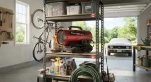 A forced-air portable garage heater circulating warm air across a spacious suburban garage.