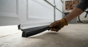 Installation of heavy-duty garage door weatherstripping seal to block cold drafts and keep the garage interior comfortable.