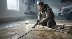 An installer sealing cracks in a concrete garage floor to maintain warmth and prevent moisture buildup.