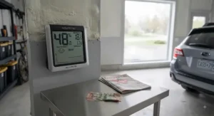 A digital hygrometer displaying safe humidity levels inside a Canadian residential garage to prevent moisture damage.