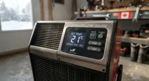 A heavy-duty portable garage heater providing powerful warmth for a home mechanic working on a vehicle.