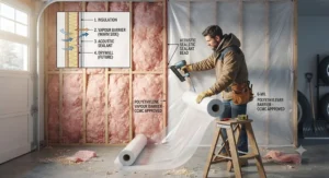 Step-by-step illustration demonstrating proper polyethylene vapour barrier installation over wall insulation in a cold climate garage.