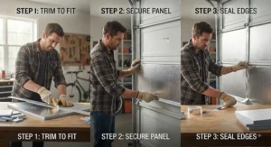 Step-by-step guide illustrating how to trim and secure insulation board for a garage door installation project.