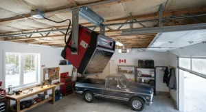 A versatile portable garage heater mounted securely on a garage ceiling bracket to save floor space.