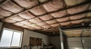 View of fiberglass batt insulation installed between joists in a detached garage ceiling.