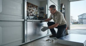 A technician installing reflective insulation panels on the interior of a residential garage door to combat extreme outdoor temperatures.