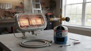 Durable propane tank top heater keeping contractors warm on an unheated Canadian construction site and garage.