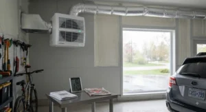 An exhaust fan installed in a garage to improve air circulation and support humidity control throughout the year.