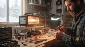 Portable propane space heater for workshop heating during Canadian outdoor projects and cold snaps.