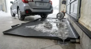 Close-up of a garage floor showing prevention methods for snow melt moisture accumulation during a Canadian winter.