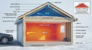 Cross-section illustration showing properly insulated and ventilated garage walls and attic to prevent heat loss and ice damming.