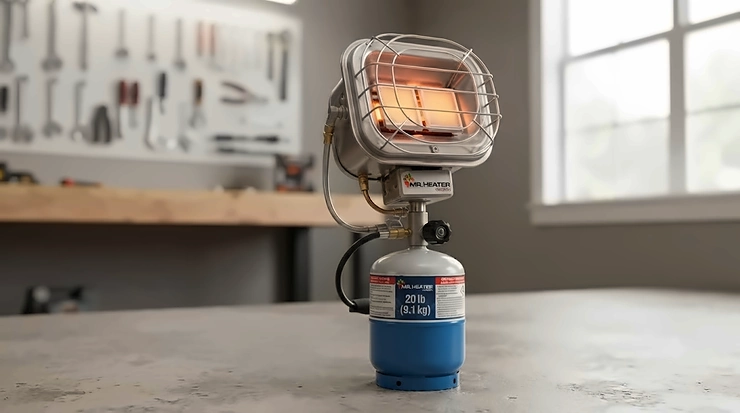 Portable propane tank top heater mounted on a standard cylinder, providing radiant warmth for outdoor jobs and winter camping across Canada. / Chauffage radiant portatif au propane monté sur une bouteille standard, idéal pour les travaux extérieurs et le camping d'hiver au Canada.