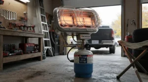 Compact propane tank top heater warming up an ice fishing shelter on a frozen lake during a Canadian winter.