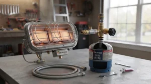 Close-up technical illustration highlighting the safety tip-over switch and protective guard on a portable propane tank top heater.