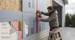 Illustration showing rigid foam board insulation and taped seams installed on exterior garage walls for continuous thermal break.