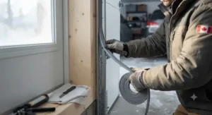 Close-up view of weatherstripping installation on a garage door frame to prevent cold drafts in sub-zero temperatures.