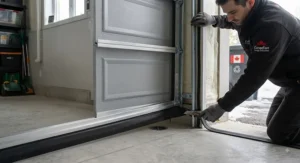 Professional installation of weather stripping on a garage door to improve humidity control and seal out Canadian elements.