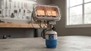 Single-burner propane tank top heater featuring adjustable heat settings and a safety shut-off grid for Canadian workshops.