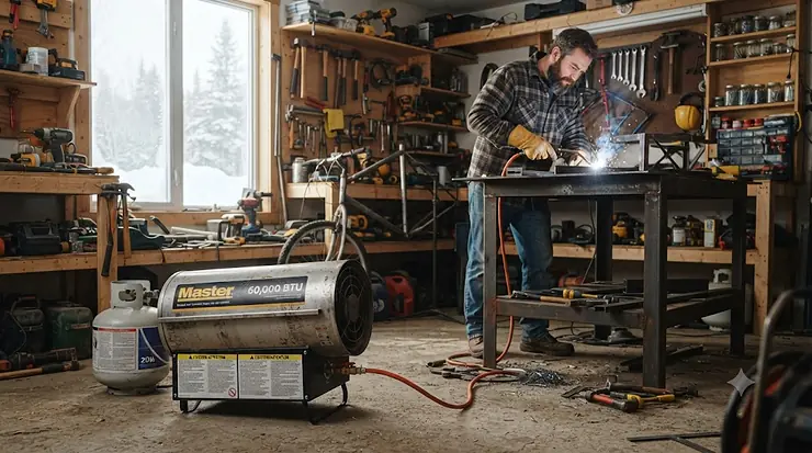 Heavy-duty space heater for workshop keeping a Canadian garage warm during a cold winter day.