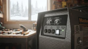Safety features diagram on a certified space heater for workshop use meeting Canadian electrical standards.