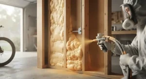 Close-up illustration of closed-cell spray foam insulation expanding inside wall cavities of a residential garage.