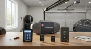 Illustration displaying wireless keypads and remote controls for a belt drive garage door opener.
