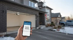 Modern suburban home exterior showing an open smart garage door equipped with auto-close security settings