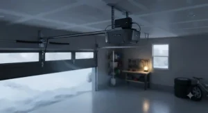 Battery backup system attached to a belt drive garage door opener to maintain operation during winter power outages.