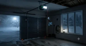 A cold weather rated garage door opener with battery backup functioning during a power outage in a snowstorm.