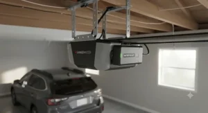 Integrated battery backup system for a belt drive garage door opener ensuring operation during Canadian winter power outages.