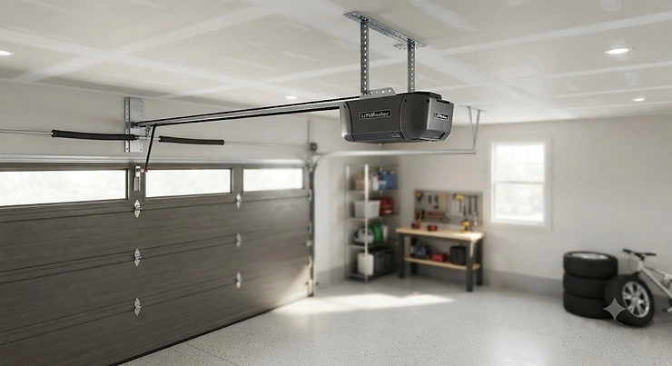 A modern belt drive garage door opener installed on the ceiling of a Canadian home garage.